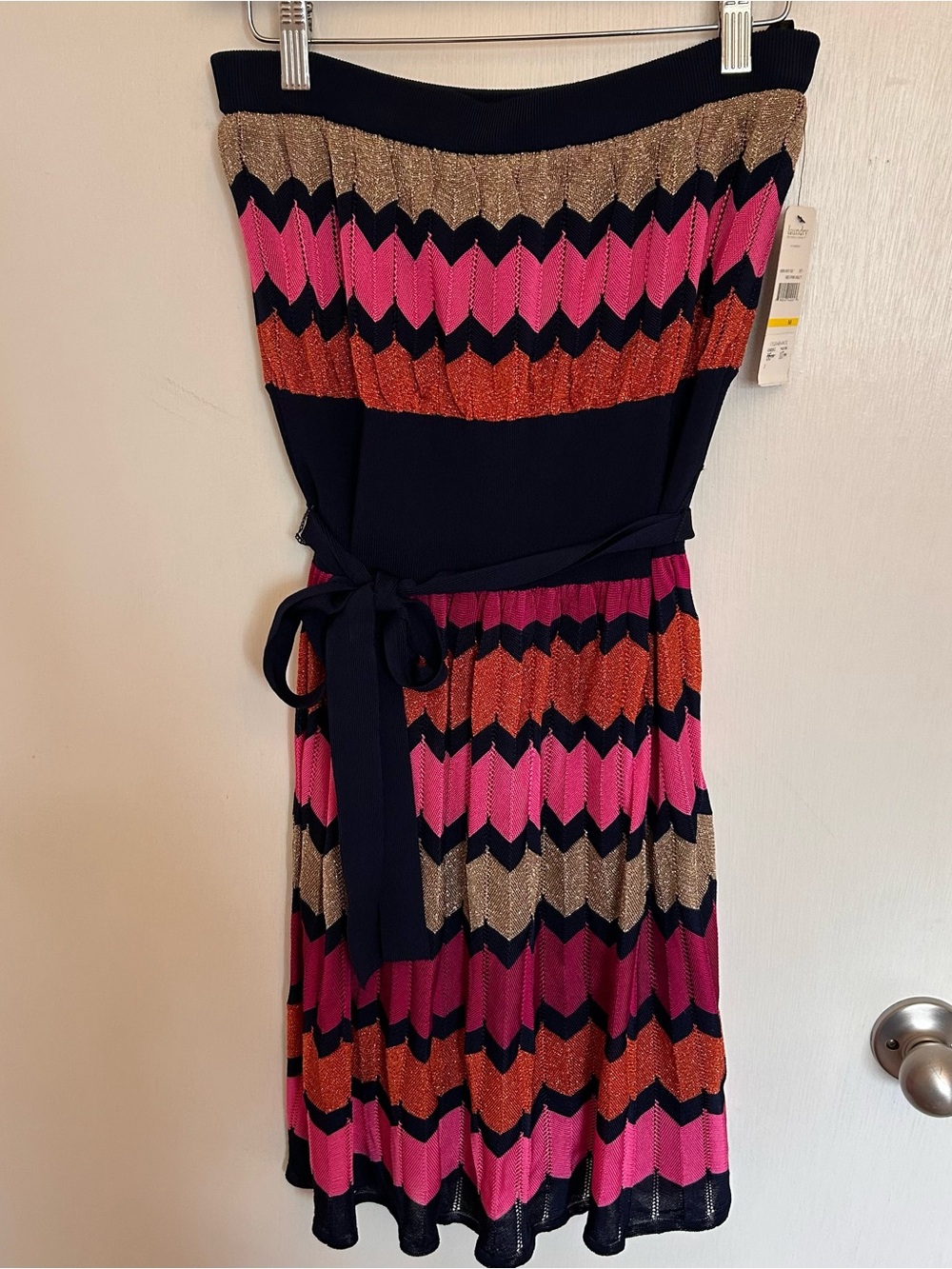 Striped Chevron Strapless Knit Party Dress in Navy, Pink & Copper